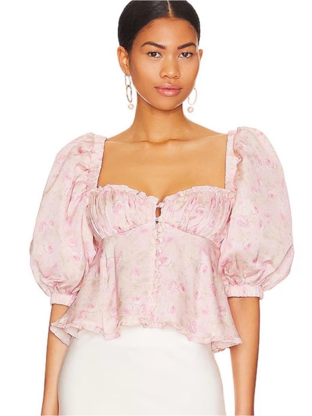For love and lemons Pink Floral Puff Sleeve Square Neck Top size XS